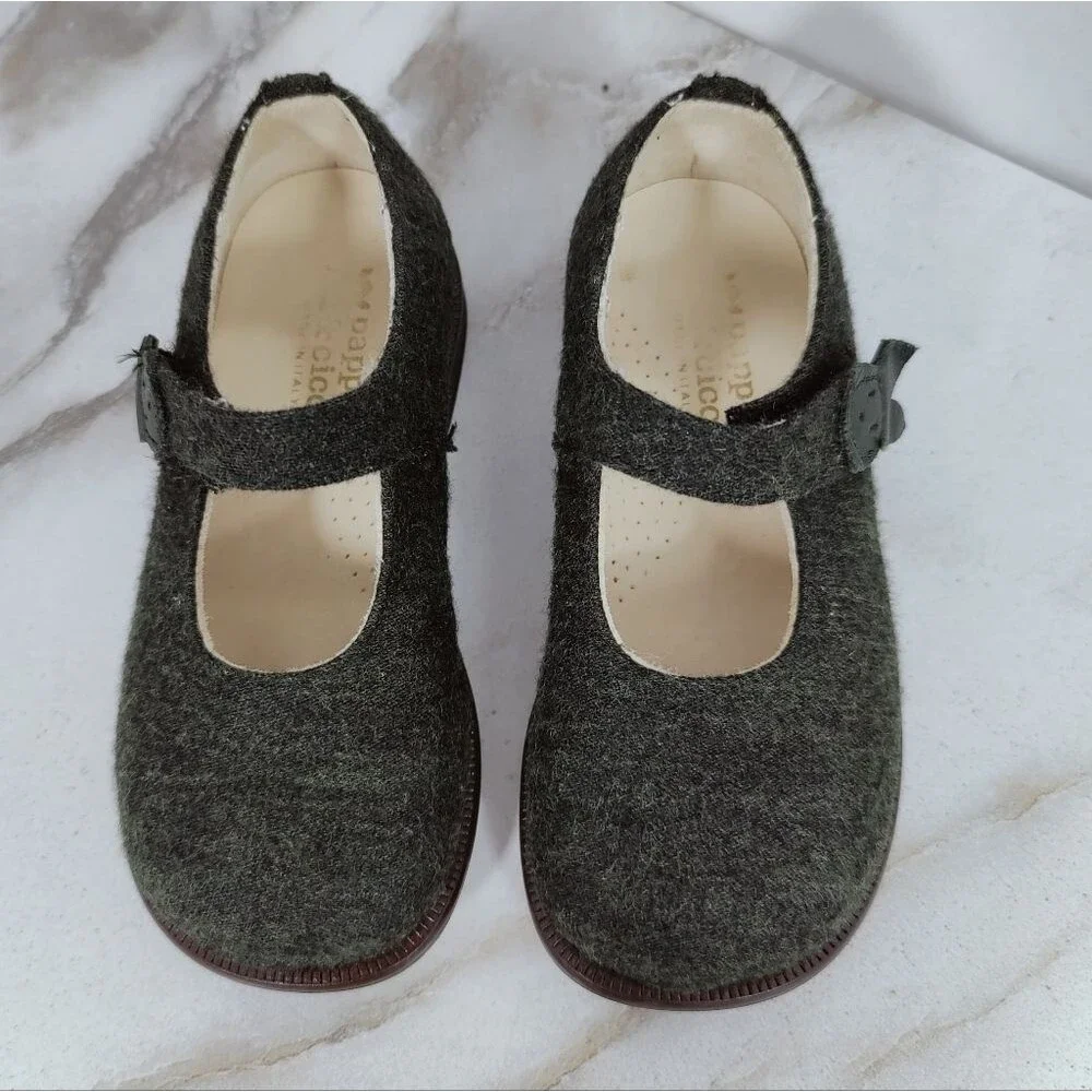 Pappa & Ciccia Italy Dark Green Heather Wool Baby Mary Jane Dress Shoes, 6